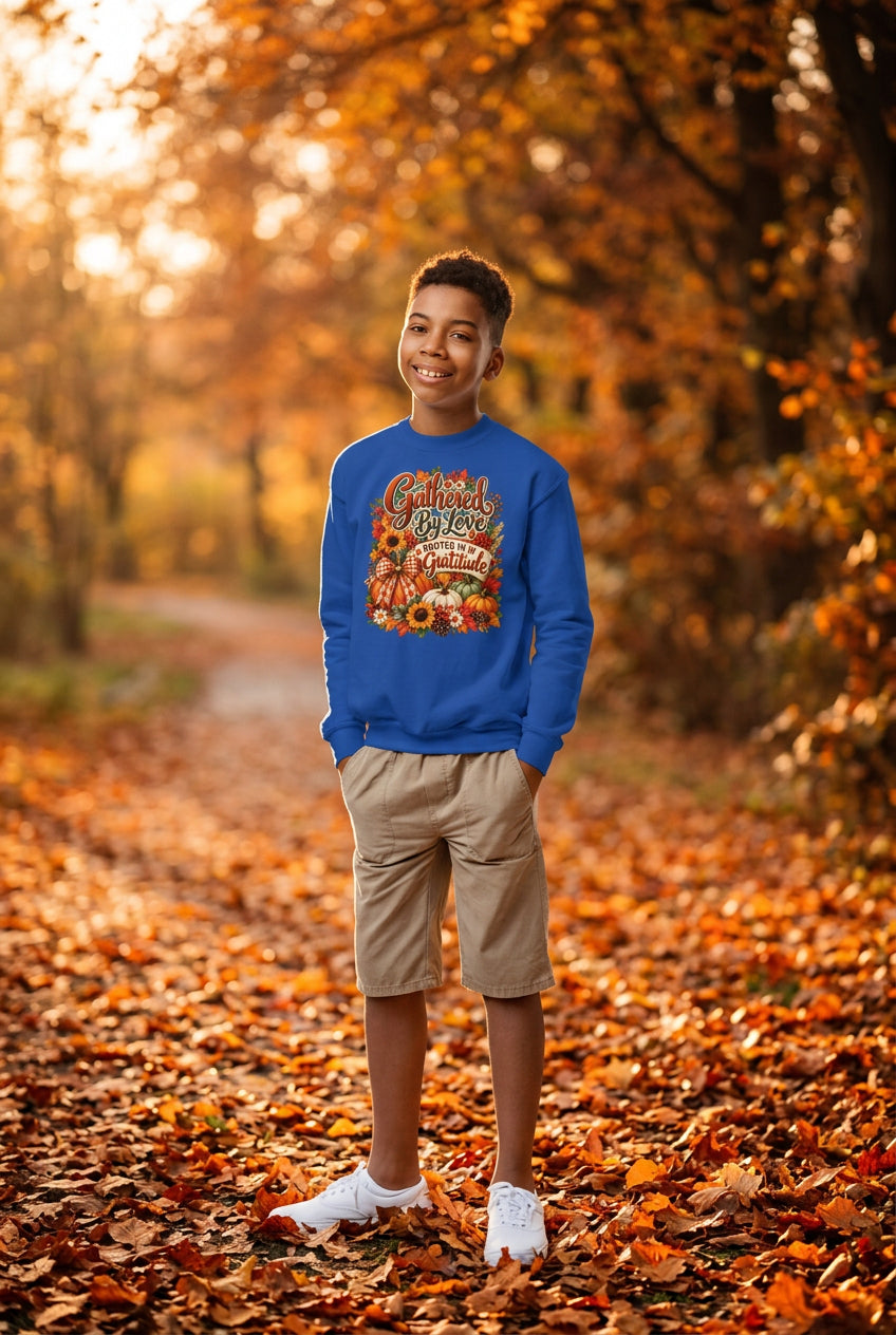 A young boy modeling a royal blue crewneck sweatshirt with a 'Happy 9th Birthday Brother' graphic, paired with khaki shorts and white sneakers on a solid white background.