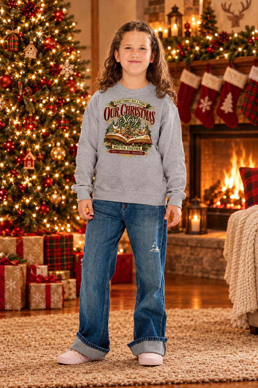Child wearing a gray sweatshirt with a 'Digger' graphic and blue jeans on a white background