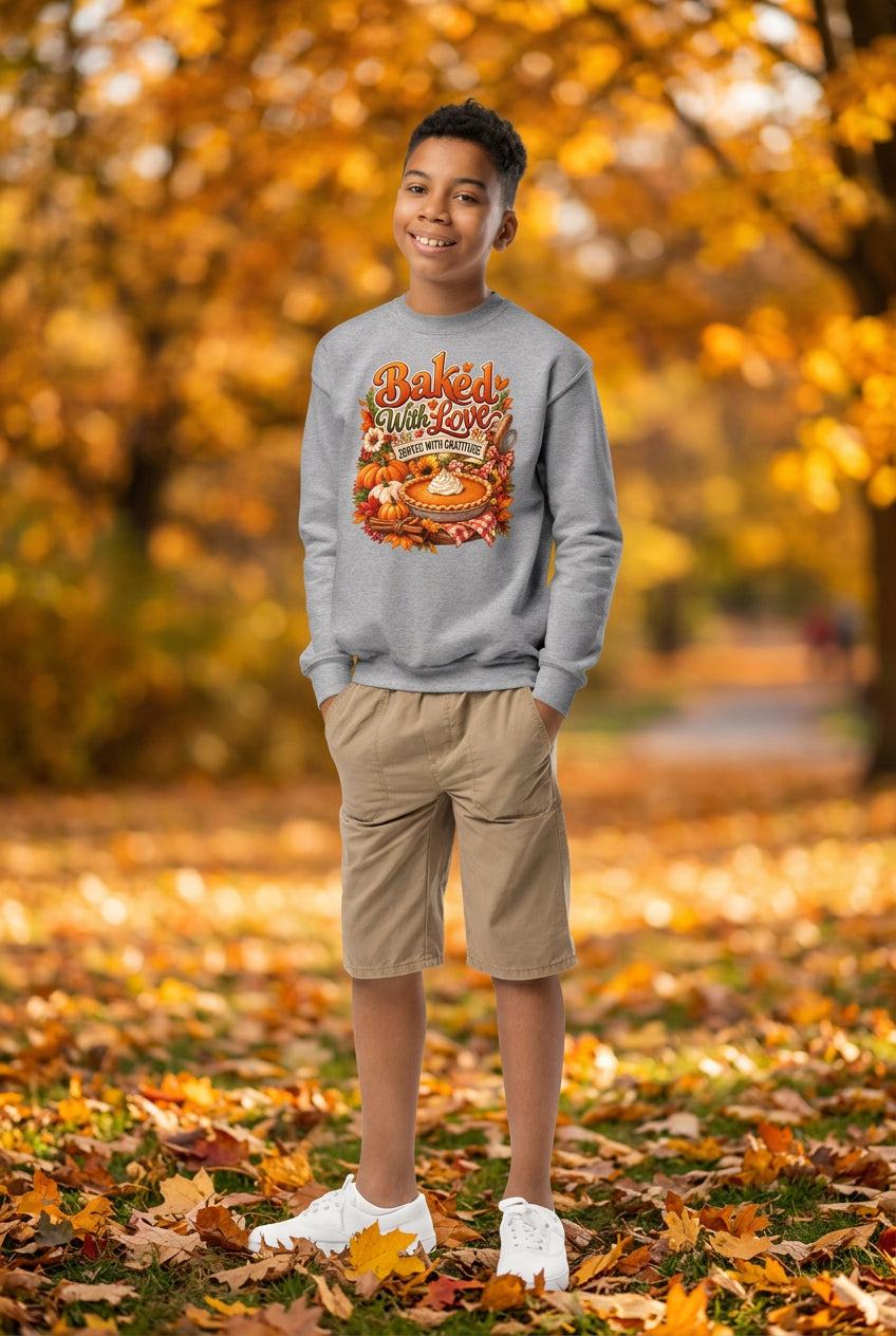 A young boy stands against a white background wearing a light gray crewneck sweatshirt with a colorful 'Baked Love' graphic, khaki shorts, and white sneakers.