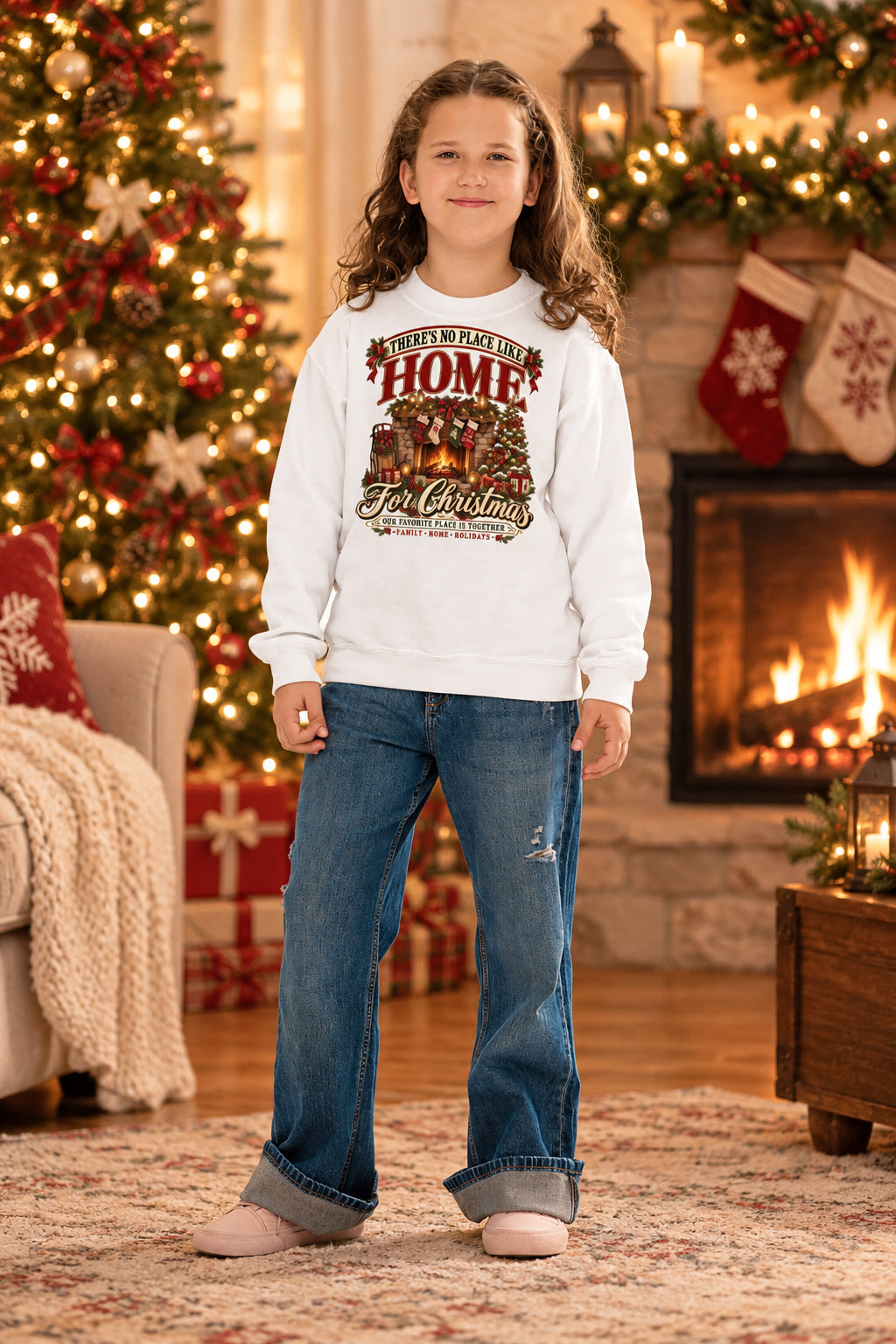 A young girl with long brown hair stands against a white background wearing a white crewneck sweatshirt with a colorful Christmas graphic that reads 'I'M NOT TELLING YOU HOME. I'M TELLING YOU HOME' and 'All Christmas'.