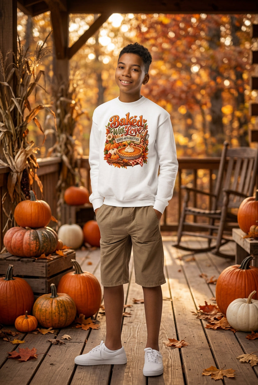 A young boy stands against a plain white background wearing a white crewneck sweatshirt with a colorful 'Baked Love' graphic on the chest, khaki shorts, and white sneakers.