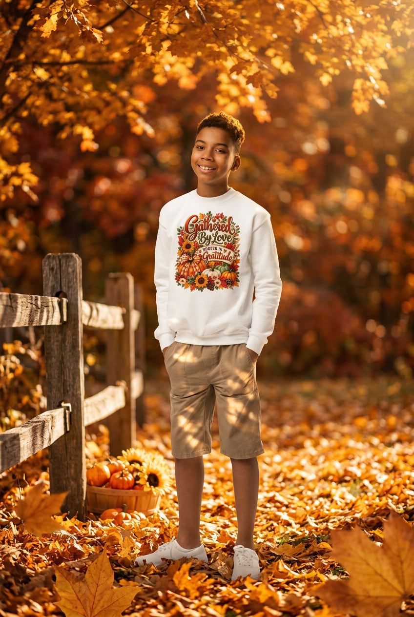A young boy stands against a plain white background wearing a white crewneck sweatshirt with a colorful autumn-themed graphic that reads 'Cautions By Love Fall Fashions' surrounded by sunflowers, paired with khaki shorts and white sneakers.